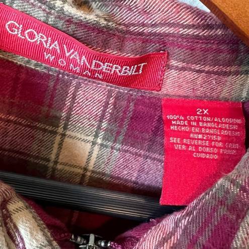 Gloria Vanderbilt 2X Zip Up Plaid Flannel Long Sleeve Shirt