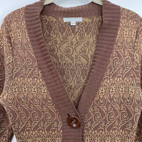 Alberto Makali  Cardigan Sweater Button Front V Neck Patterned Brown Metallic L