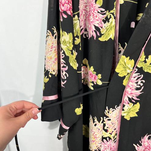 Oscar de la Renta Pink Label Vintage Y2K Black Floral Silky Tie Kimono Robe M