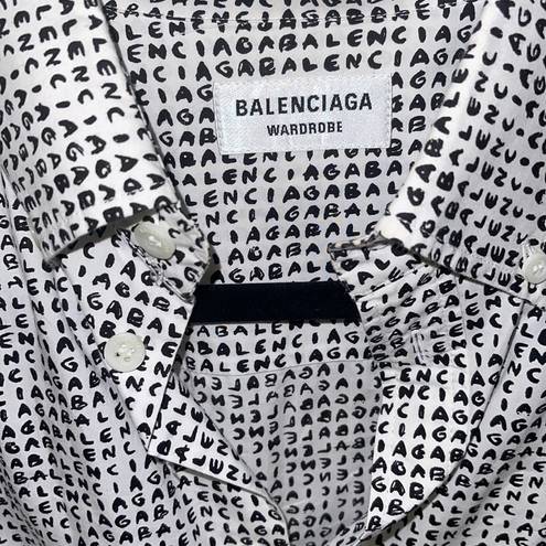 Balenciaga  Micro Brand Print Cotton Blouse White Black Logo Button Down