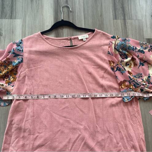 Umgee  1XL Pink Linen Floral Sleeve Bouse