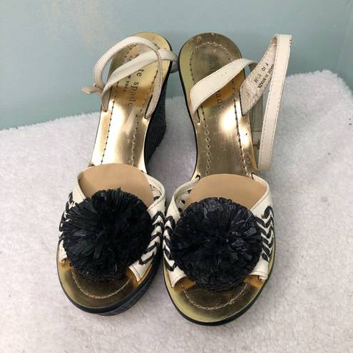 Kate Spade  Straw Rafia, Leather Wedge Sandal Pom Pom 6.5