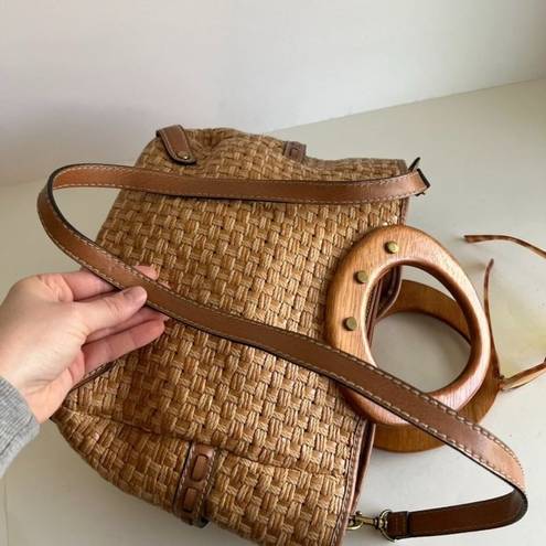 Fossil  Tan Woven Leather Wooden Top Handle Crossbody Medium Tote Bag