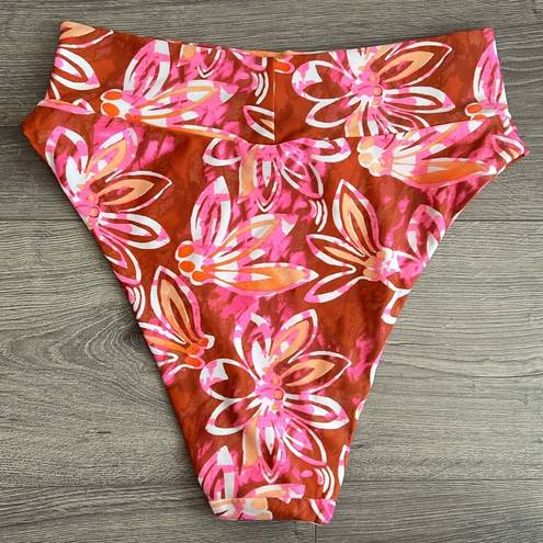 Aerie NWT  High Cut Cheeky Bikini Bottom Floral Rust Red Hot Pink Size Large