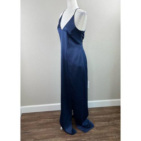 Halston Heritage  Navy Blue Satin Illusion-Back Slit Slip Gown Size 6 New