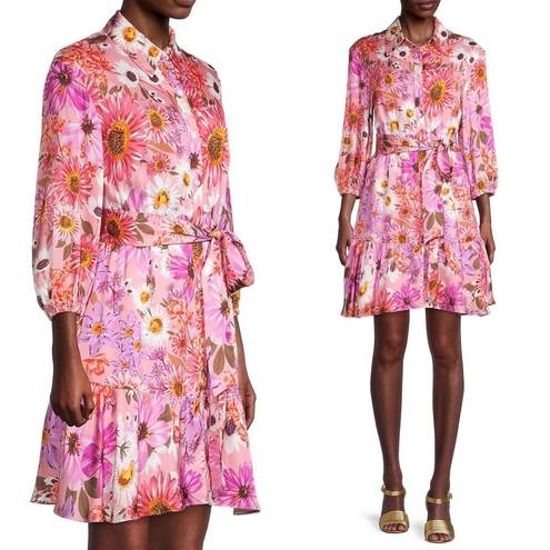 Rachel Parcell  Pink Botanical Floral Long-Sleeve Tiered Shirt Dress Size 12