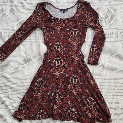 American Eagle burgundy/multicolor waist cutout long sleeve midi dress