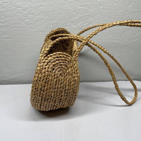 Vintage Blue  White Swirl Boho Round Straw Raffia Bag Hand Woven Shoulder Purse