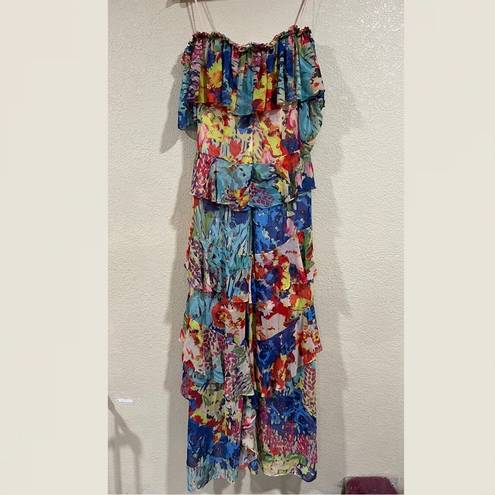 Badgley Mischka  Multi Floral High Low Flowy Tiered Maxi Dress