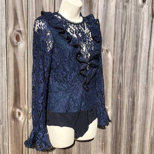 Alexis  Small Lace Bodysuit Long Ruffle Sleeve Pollie Navy Blue Black Flare Bell