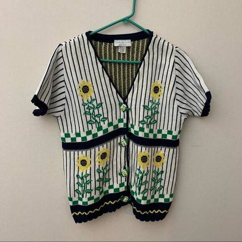 The Loft Vintage Sweater Short Sleeve Sunflower Button Front Cardigan Watering Can