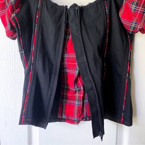 Tripp NYC Top Gothic Tartan Lace Off-Shoulder Y2K Corset Black Red Plaid XL GUC