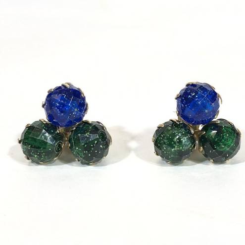 Vintage Blue  And Green Earrings, Gold Tone Clip On Faceted Plastic Glitter Beads