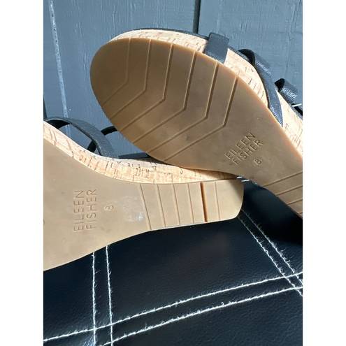 Eileen Fisher  Array Black Strappy Cork Wedge Platform Sandals Size 8
