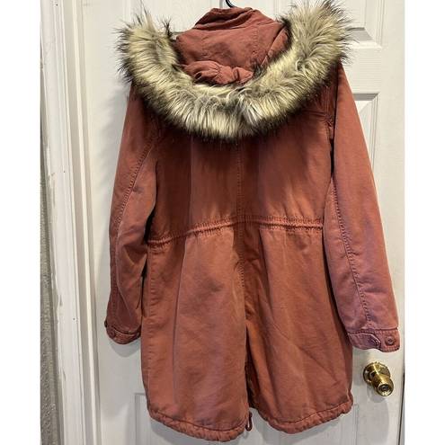 American Eagle  Parka Jacket Size Large Blush Rose Faux Fur Hood Supernatural