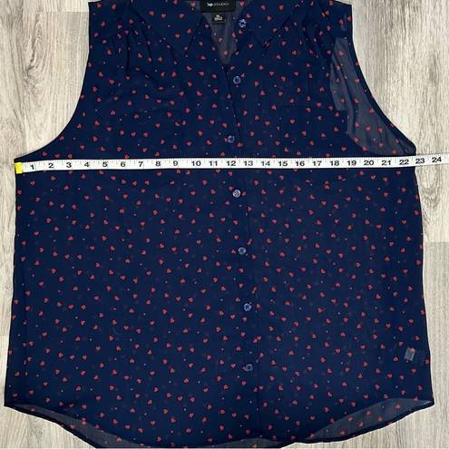 AB Studio Sleeveless Navy Sheer Blouse Red Hearts Print Collared Button Size XL