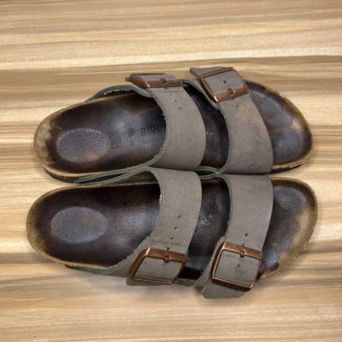 Birkenstock Sandals Womens 37 Arizona Slides Slip On Flats Olive Leather Casual