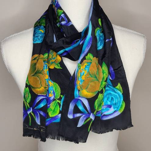 Oscar de la Renta  Vintage Black and Floral‎ Silk Scarf With Fringe