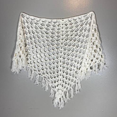 White Open Crochet Granny Shawl With Tassel Fringe