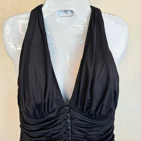 Bleu Rod Beattie  One-Piece Halter Swimsuit Deep V Ruched Slimming Black SZ 14