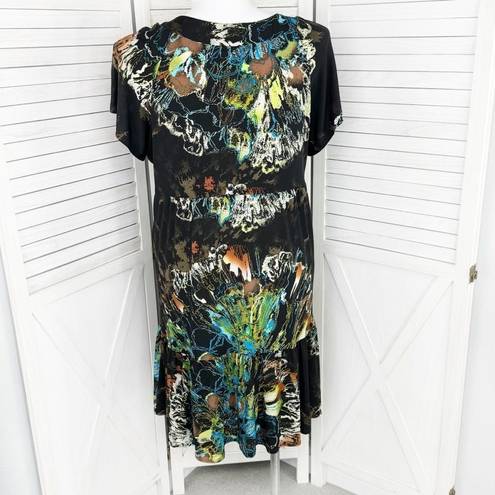 Tiana B Abstract Floral Beaded Neck Ruffle Hem Shift Dress Brown Multi 14