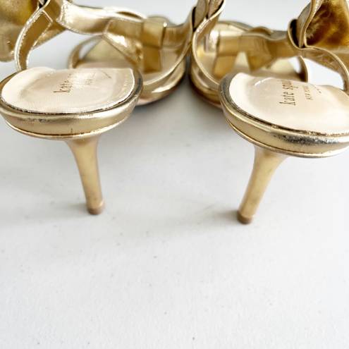 Kate Spade Gold Leather Bow Accent Open Toe Heels