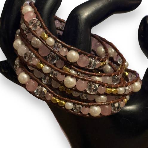 Victoria Emerson Rose Quartz And Pearl Leather Wrap Bracelet