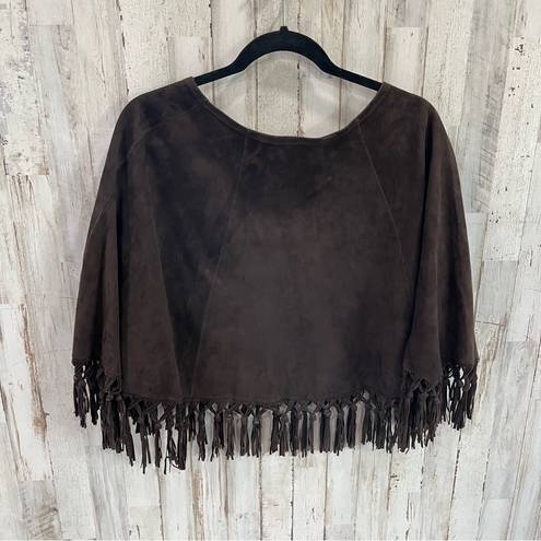 Vera Pelle  Brown Suede Leather Fringe Boho Cape Poncho Western Italian