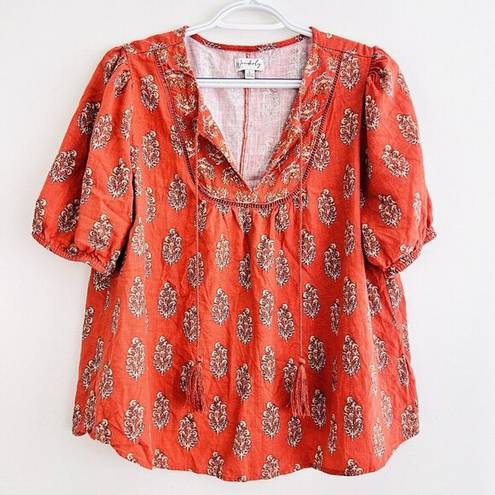 Wonderly  Burnt Orange Feather Print Linen Cotton Blend Boho Blouse ~Size Large