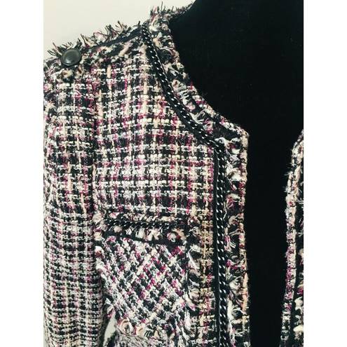 White House | Black Market  WHBM Black Pink Tweed Blazer Jacket Chain Fringe Trim 4