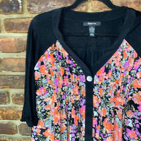 Style & Co  Black Floral 3/4 Sleeve Button Down Top Women's Size Medium