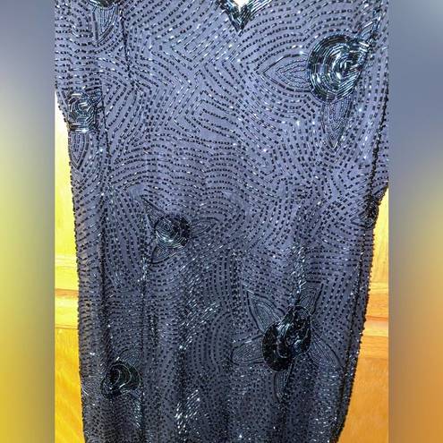 Oleg Cassini  Black Tie Beaded Navy Blue Mini Dress Size 10