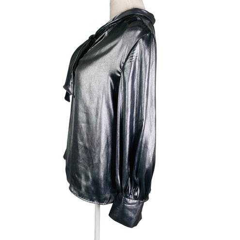 Who What Wear  Tie Neck Blouse M Gunmetal Silver Futuristic New