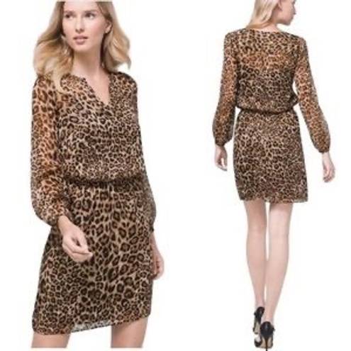 White House | Black Market  Brown Leopard Metallic V-neck Long Sleeve Dress- Size 6