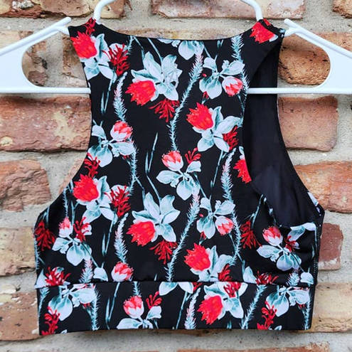 MINKPINK  Move Zip Front Black Red Floral Crop Top Sports Bra