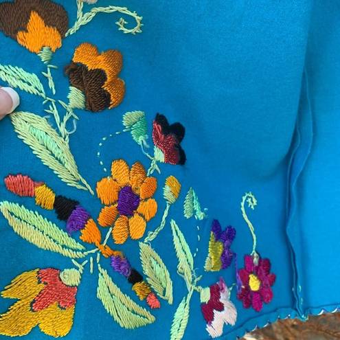 Vintage Blue  Wool Folk Art Boho floral embroidery open jacket