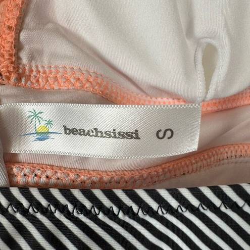 Beachsissi  One-Piece Swimsuit Peach Ruffled Black & White Stripes S (4-6) NWT