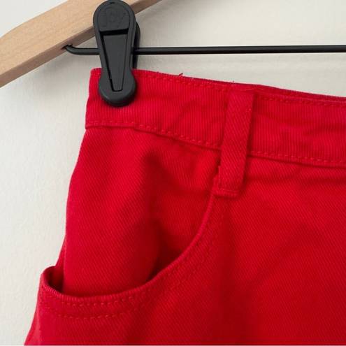 Brandy Melville John Galt  Red Denim Jean Mini Skirt Raw Frayed Hem Button Fly S