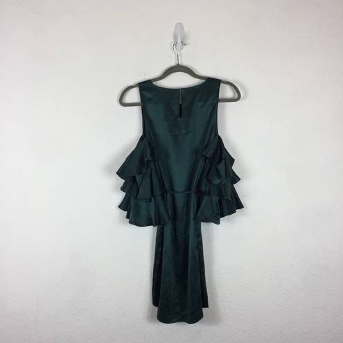 Amanda Uprichard  Green 100% Silk Ruffled Cut Out Shoulder Mini Dress Small