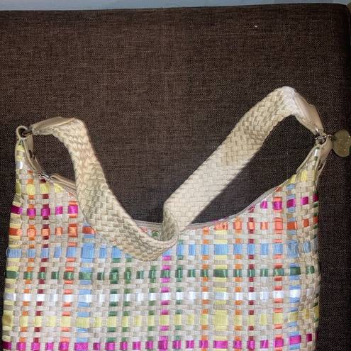 The Sak  Tan, Green, Pink, White, Orange, Blue Striped Woven Ribbon Purse