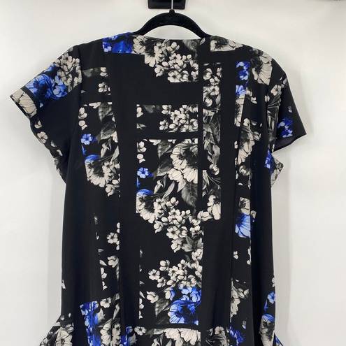 City Chic  Floral Print Dress Fit & Flare Full Zipper Front V Neck Black Blue 18