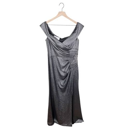 Oleg Cassini  Beaded Ruched Metallic Off-Shoulder Sheath Gown Gunmetal Size 12