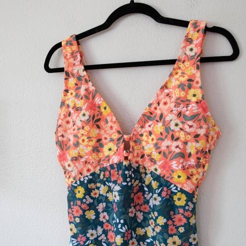 Beach Club Palisades  Orange and Teal Floral Print One Piece Swimsuit