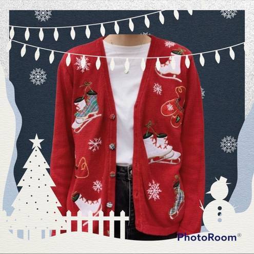 Basic Editions  Vintage Holiday Ice Skate Print Christmas Sweater Cardigan Small