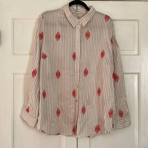 Chico's Chico’s Size 3 Striped Embroidered Collared Blouse  XL Button Down Top