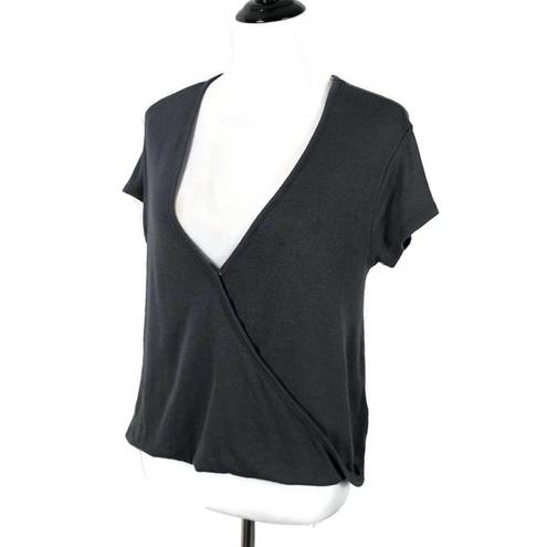 We The Free  Women Size XS Faux Wrap Top Deep V Neck Cropped Gray Short Sleeve