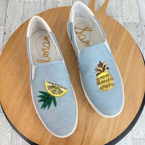 Sam Edelman  Evelina Sequin Beaded Pineapple Lemon Slip On Sneakers Blue 8