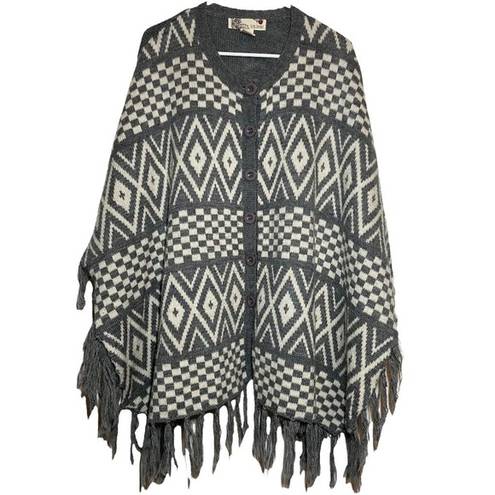 Flying Tomato  Poncho Sweater Button Front Fringe Hem Knitted Gray White S/M