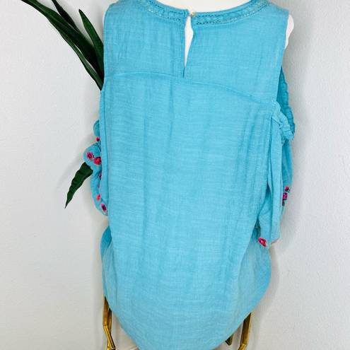 Umgee  Top Cold Shoulder Turquoise floral Embroidered Boho Blouse