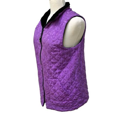 Coldwater Creek  Vest Small Quilted Velvet Silk Reversible Zip up Black Purple